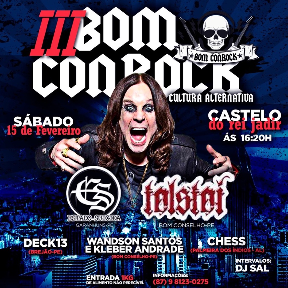 Cartaz do III Bom Conrock no Castelo do Rei Jadir, com Estado Suicida, Tolstoi, DECK13, Wandson Santos e Kleber Andrade, CHESS e DJ Sal