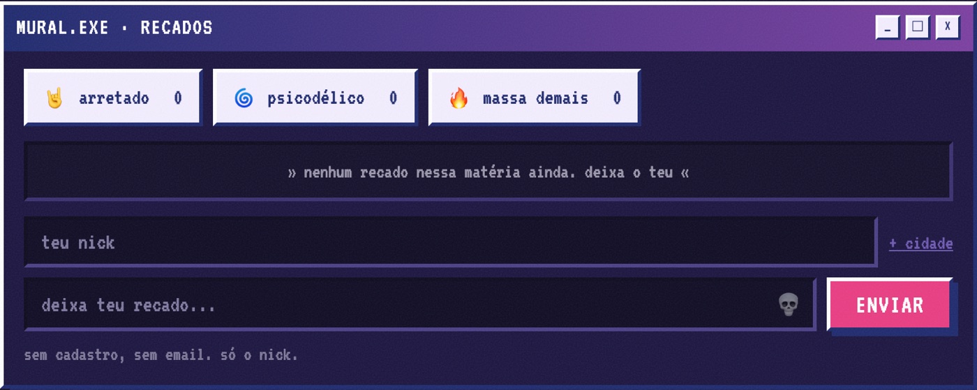 O MURAL.EXE no pé de uma matéria, com as reações e o campo de recado